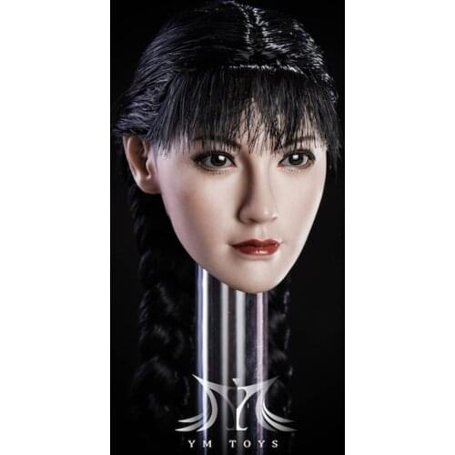 YMTOYS 1/6 Asian Beautiful Girl Figure Action Female Head Sculpture Black Braid Hair Woman Doll 12inches Carved Model Accessory