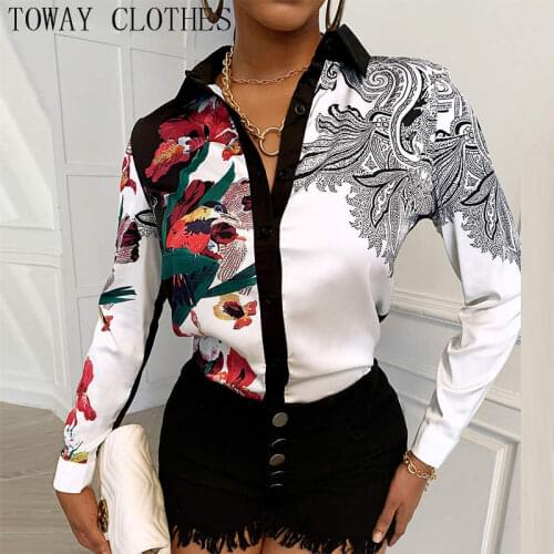 Autumn Women Leaf Print Turn-down Collar Long Sleeve Blouse Floral Print Colorblock Buttoned Shirt