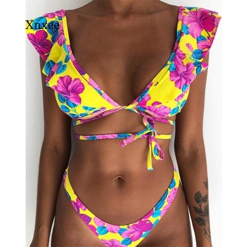 Woman Ruffle cute lace up Tie Thong Bikini set Beach Sexy Front Strapless Swimsuit Female Push Up Bow Bathing Suit Swimwear