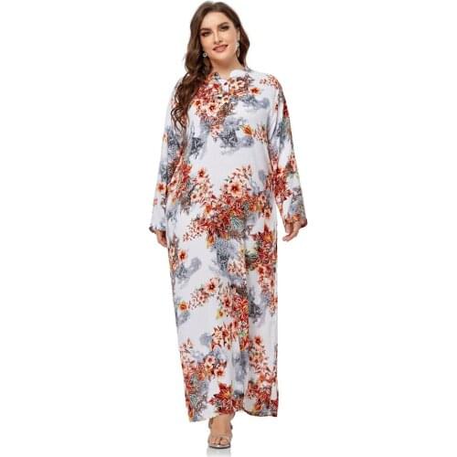 Plus Size 3XL Kaftan Women Long Sleeve Print Maxi Dress Abaya Dubai Turkey Caftan Muslim Party Gown Arabic Robe Islamic Clothing