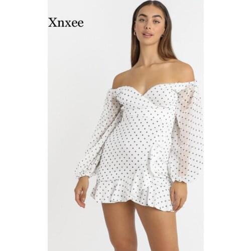 2021 Spring White Dot Ruffles Chiffon Women Sumemr Dress Long Puff Sleeve Elegant Sexy Female V Neck Holiday Short Dresses