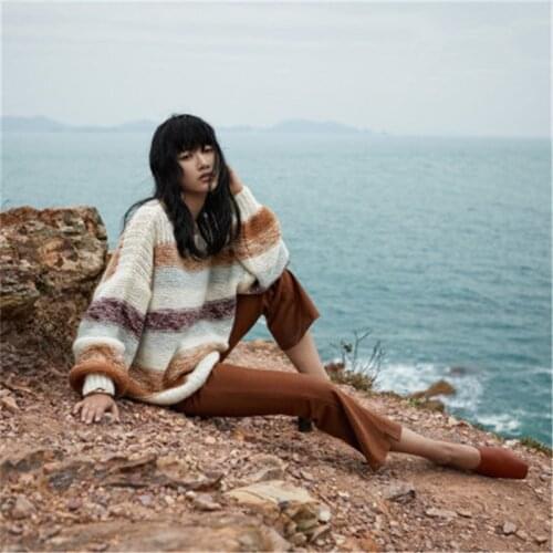 100% hand made wool slash neck thick knit women streetwear loose striped H-straight short pullover sweater one&over size