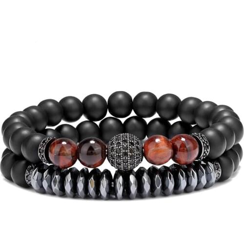 2pcs / set Micropavé CZ 10mm Disco Ball Bar Charm Mens Bracelet Set Natural Stone Bead Yoga Beaded Jewelry Gift