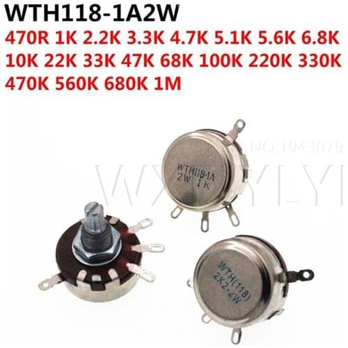 2PCS WTH118 1K 2.2K 4.7K 10K 22K 47K 100K 470K 1M 2W 1A Potentiometer New Authentic Variable Resistor VR Resistance 100K Ohm
