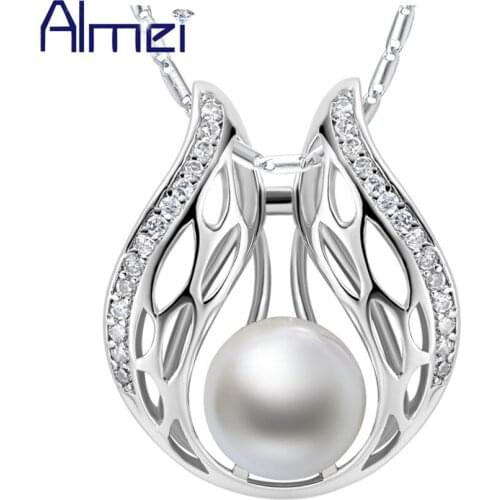 Almei Simulated Pearl Necklaces & Pendants Jewelry Silver Color Chocker Long Necklace Big Pendant for Women Skeleton Chain N851