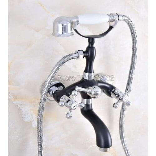 Black & Chrome Brass Wall Mounted Clawfoot Bath Tub Faucet w/ Handheld Shower lna602