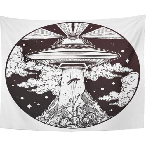 Black Extraterrestrial Alien Spaceship UFO with Flying Saucer Abducting Human Conspiracy Theory Tattoo Tapestry Home Decor