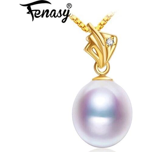FENASY 18K Gold Pendant Natural Freshwater Pearl Charms Au750 Yellow Gold Wedding Engagement Jewelry With 925 Silver Necklace