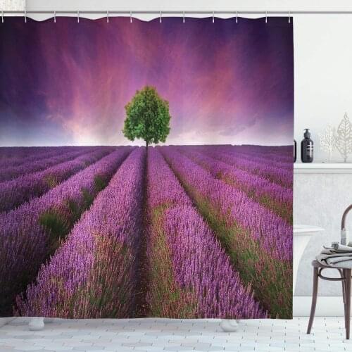 Purple Shower Curtain Romantic Lavender Fields Panoramic View Print Tree and Violet Sky Picture Bathroom Decor Set with Hooks
