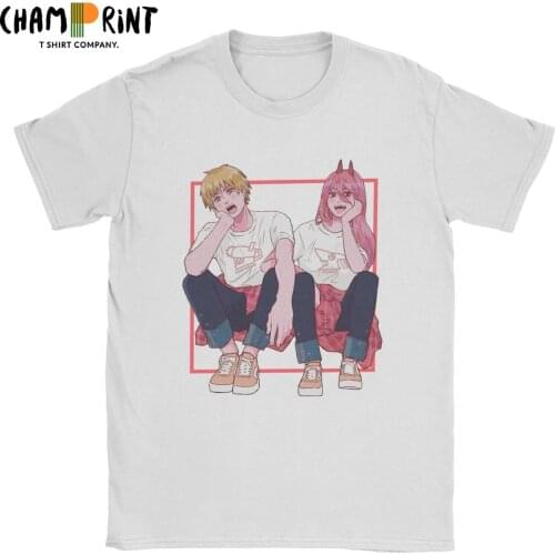Vintage Chainsaw Man Makima Denji T-Shirt Men O Neck Cotton T Shirts Short Sleeve Tees Plus Size Clothing