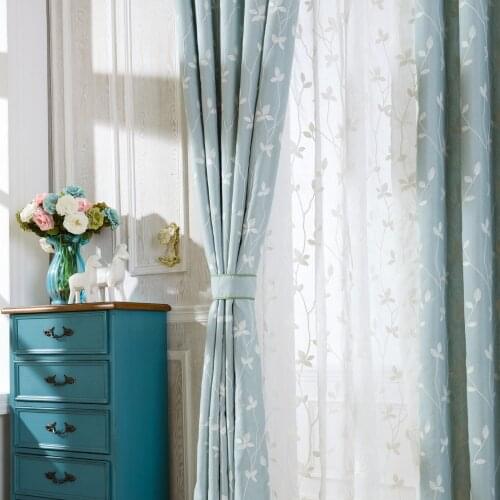 Cotton Embroidered Curtains Light Blue White Leaves Window Curtains Sheer Curtains Drapes Rideaux Living Room Cortina