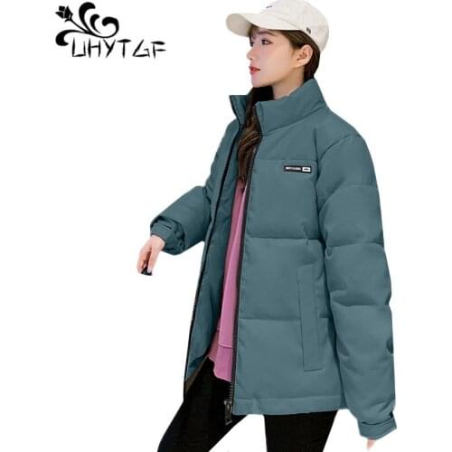 UHYTGF quality PU leather winter cotton jacket women student cold warm coat Waterproof short plus size Parker leather jacket1281