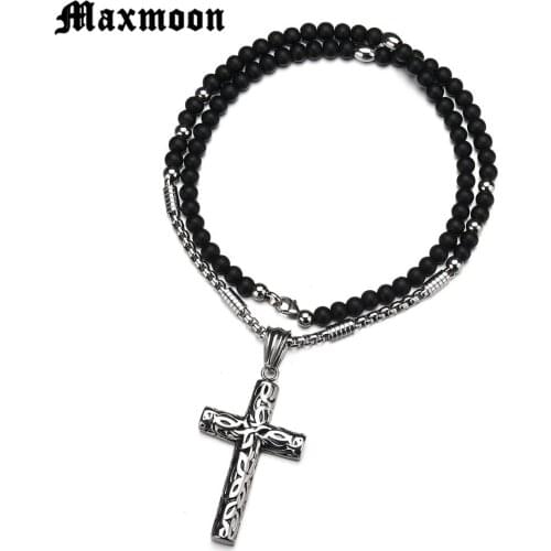 Maxmoon Men Women Catholic Christ 3.5mm Rosary Bead Cross Pendant Woven Rope Necklace Black Beads Charm Necklace
