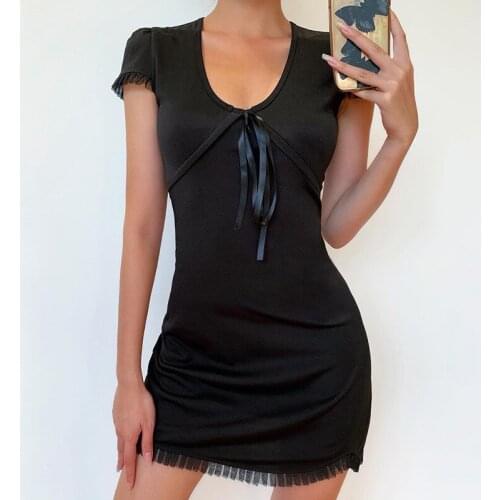 Spring V-neck Mini Dress Women Gothic Streetwear Lace Bandage Solid Short Sleeve Dress Female Sexy Retro Party Dress