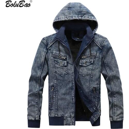 BOLUBAO Winter Brand Men Fashion Denim Jacket Mens High Street Trend Denim Jacket Plus Velvet Hooded Denim Jackets Male