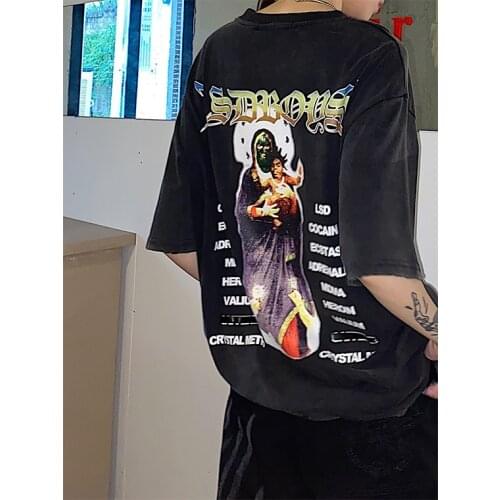 Street dark BF short sleeve oversize wash water make old hip hop hip hop personalized T-shirt fashion mens and womens tees