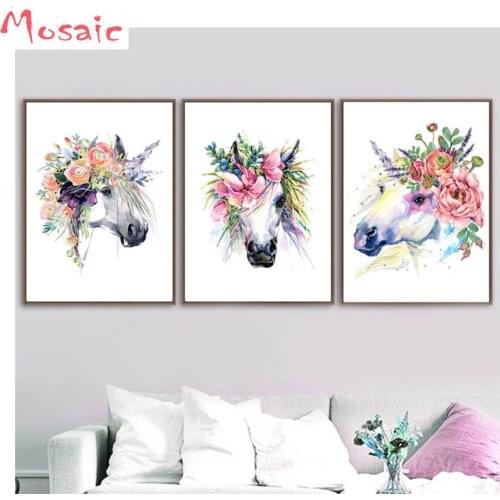 Watercolor Horse Flower diy diamond painting cross stitch,wall art abstract animal square rhinestones 5d diamond embroidery 3pcs