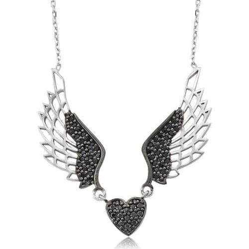 Real Silver 925 Jewelry Silver Black Winged Heart Lady Necklace