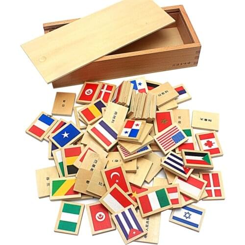 2019 New Arrival Montessori Wood Domino Blocks 80Pcs Flags Domino with Wooden Box Toys for Children Preschool Gift for Boys Girl