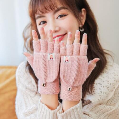 Knitted Gloves Female Autumn and Winter Outdoor Windproof Thickened Warmth Half-finger Flip Phone Cute Student