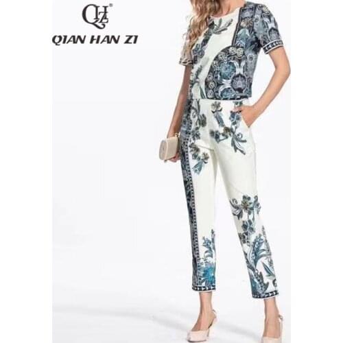 Qian Han Zi Spring/summer new fashion designer vintage two piece set Womens short-sleeved beaded top+graphic print pants Suit