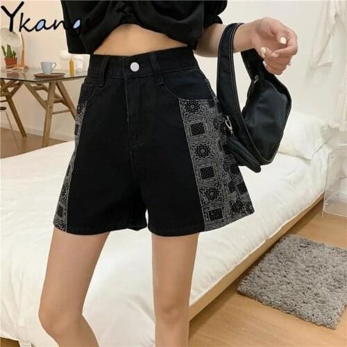 Black Stitching Plus Size Denim Shorts Outdoor All-match Casual Womens High Waist Shorts Korean Fashion Ladies Wide-leg Shorts