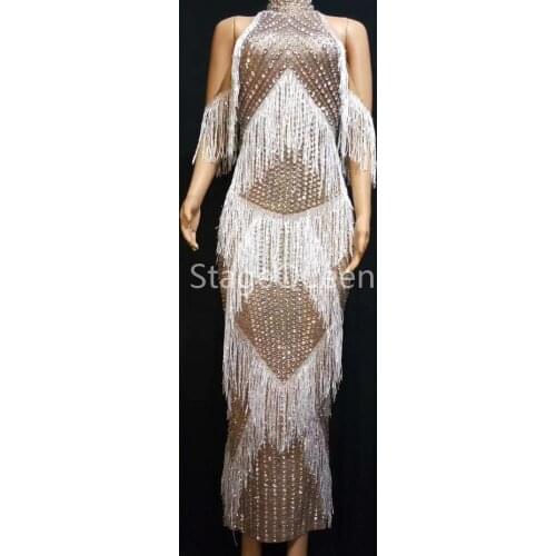 Sexy Stage Sparkly Full Rhinestones Tassel Dress Womens Birthday Party Dress Evening Wear Female Singer Dance Show Dress DJ DS