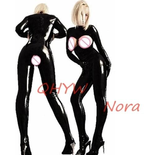 Sexy exotic women female handmade Black Latex customize Catsuit Open Chest&Crotch zentai cekc fetish Bodysuits Back zipper