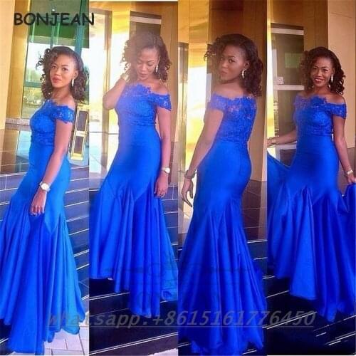 Blue Bridesmaid Dresses Mermaid 2021 Satin Off-The-Shoulder Lace Up Back Floor Length African Bridesmaid Dress for Women Wedding