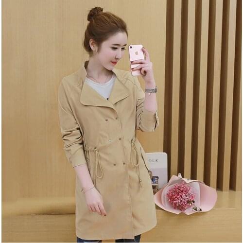 2019 Spring Korean Womens Trench Coat Womens Casual Loose Windbreaker Female Solid Pockets Button Lightweight Raincoat Overcoat