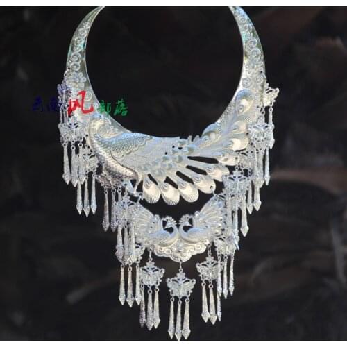 Three Peacocks White Miao Silver Necklace Minority Group Butterfly Tassel Stage Performance Exaggerated Ethnic Accessory