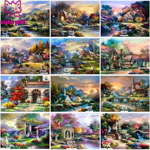 European retro scenery Diamond Painting Cross Stitch Mountain stream river cottage village Full Square Drill Diamond Embroidery
