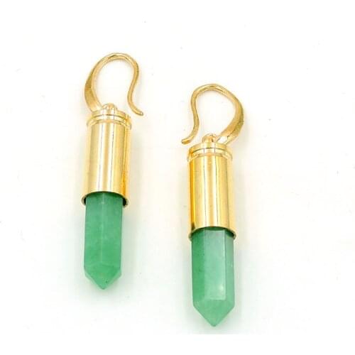 Green Aventurine Hexagonal Column Point Earrings Bullut Casing Gold Approx 37*8 mm