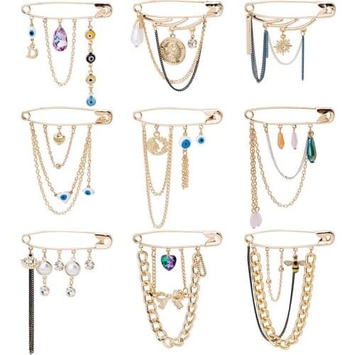 Fashion long Chain Eyes Heart Pendant Brooch For Women Girls New Design Geometric Charms Badge Pin Jewelry Gifts