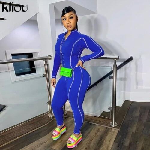 Kliou women full sleeve fitness skinny Jumpsuits zipper o-neck patchwork elastic hight slim sportswear female streetwear outfit
