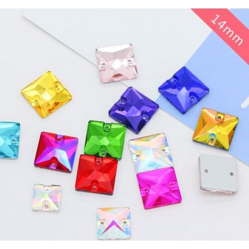 24p 14mm Color square foiled Flat Back sew on Faceted crystal Cut Glass rhinestones beads 2-Holes sewing stone Garment Jewelry
