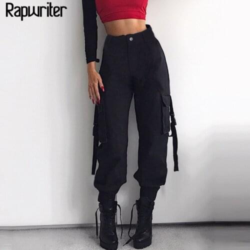 Rapwriter Casual Solid Side Big Pocket Stretch High Waist Pants Women 2020 Hip Hop Loose Cargo Joggers Women Pencil Pants Bottom