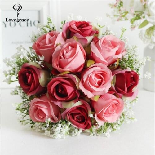 Lovegrace Bouquet Bridal Wedding Hand Flower Artificial Silk Rose Fake Babys Breath Red Flower Bridesmaids Wedding Girl Bouquet