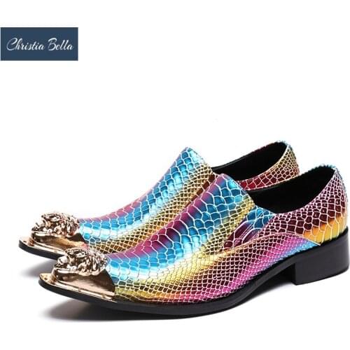 Christia Bella Rainbow Colors Men Genuine Leather Shoes Metal Pointed Toe Wedding Dress Shoes Fashion Party Formal Shoes Male