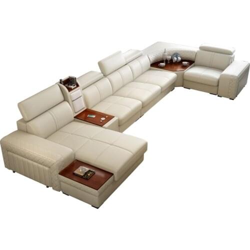 Living room Sofa functional genuine leather couch Nordic sala U shape corner fridge cup holder seat heating USB Iphone charging