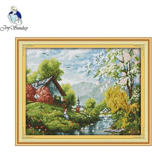 Joy Sunday Needlework DIY Cross Stitch Set for Embroidery Kit Beautiful River and Sky Embroidery Painting CrossStitch Wall Decor
