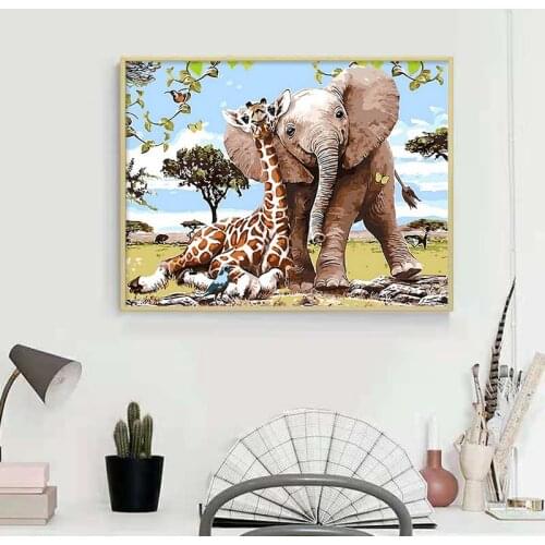 GATYZTORY DIY Painting By Numbers Elephant And Giraffe HandPainted Oil Painting Drawing On Canvas Wall Decor