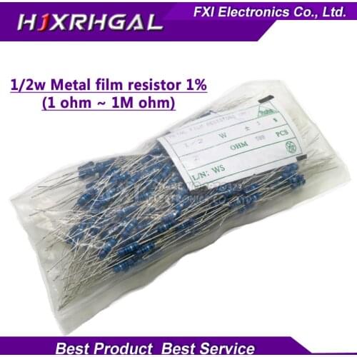 500pcs 1/2W Metal film resistor 1% 1R ~ 1M 1 2 10 22 47 100 330 ohm 1K 4.7K 10K 22K 47K 100K 330K 470K 2R 10R 22R 47R 100R 330R