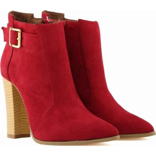 LOSLANDIFEN Fashion Women Boots 2020 Winter Flock Thick Heels Shoes High Pointed Toe Short Ankle for 732-1VE