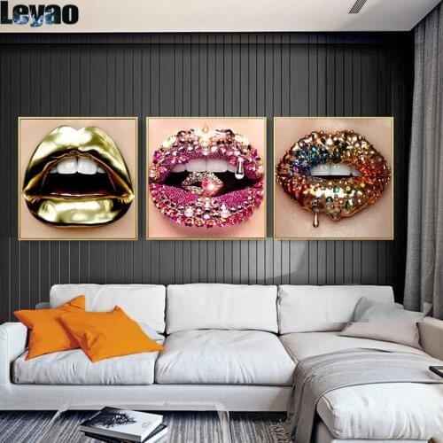 Nordic Modern Gold Lips Sexy Diamonds Shine Women Diamond Painting Art Cross Stitch Kit Embroidery Wall Pictures for Beauty Shop