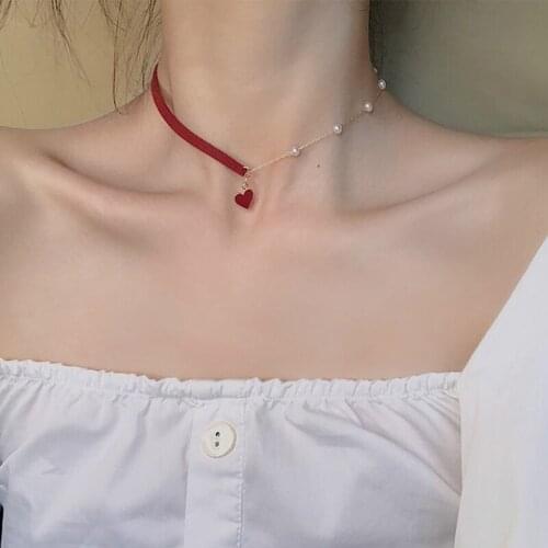 New Arrival Women Chokers Necklaces Trendy Chain Cotton Heart Party Necklace For Female Korean Jewelry Red Heart Necklace