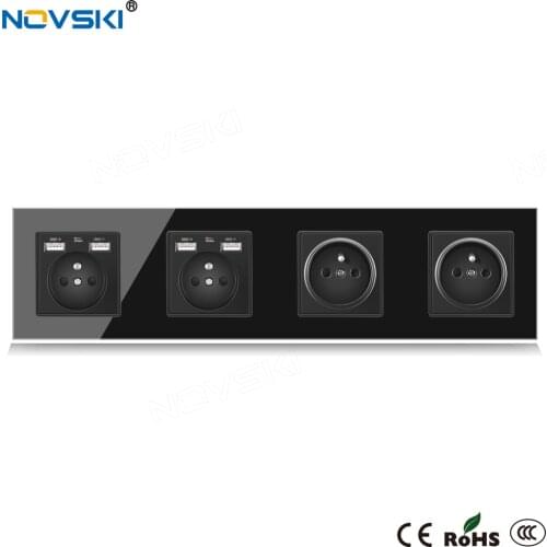 NOVSKI EU French Wall Power Socket 4 Frame Crystal Glass Black Panel 86*344 mm, Hidden LED for USB Charger