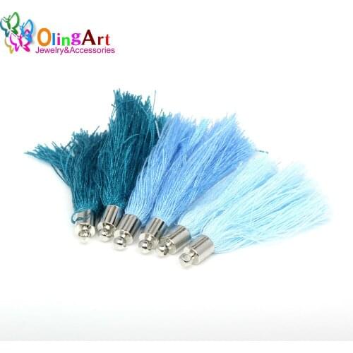 OlingArt 40mm Mix Color Gradient Blue Cotton Silk Satin Charm Tassel Necklace Earrings DIY Jewelry Making handbag Pendants 2019