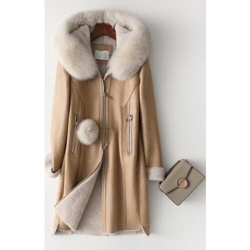 2019 New Arrival Real Sheepskin Lady Coat With Fox Fur Collar With Long Sleeve Zipper Elegent Style Thick Warm Fur