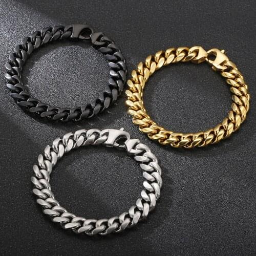 Punk Hiphop Stainless Steel Miami Gold Curb Cuban Chain Bracelets Dragon Casting Clasp Bangle Jewelry 10/15MM Men Biker Bracelet